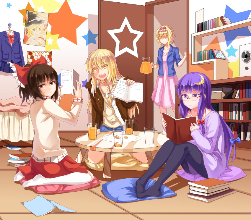 4girls, absurdres, alice_margatroid, bangs, bedroom, blonde_hair, book, book_stack