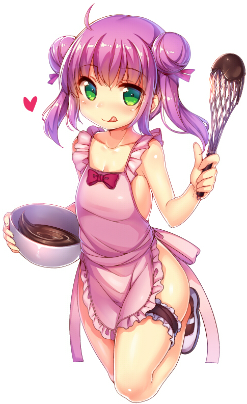 1girl, apron, blush, chocolate, double_bun, green_eyes, leg_garter, long_hair