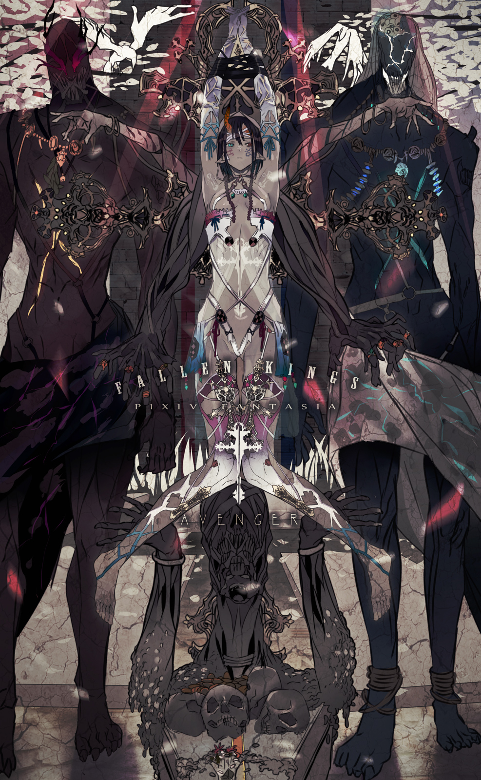1girl, bdsm, black_hair, blue_eyes, bodypaint, bondage, copyright_name, cross, dark_skin, elbow_gloves, facepaint, fantasy, full_body, garter_straps, gloves, heterochromia, highres, jewelry, original, pixiv_fantasia, pixiv_fantasia_fallen_kings, pointy_ears, red_eyes, revealing_clothes, skull, small_breasts, symmetry, tazuma_(u283), thigh-highs