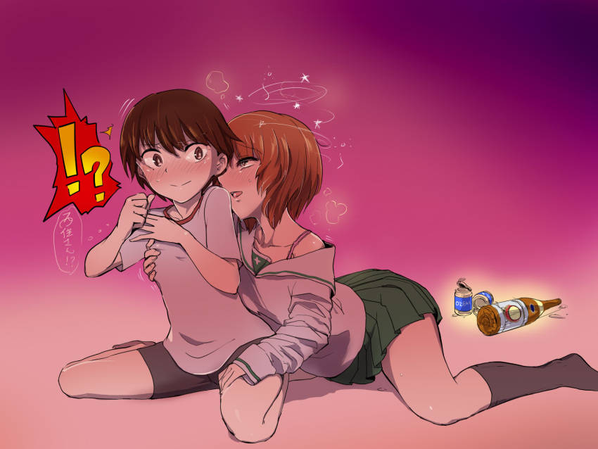 !?, /\/\/\, 2girls, alcohol, aomushi_(mushamusha), barefoot, bike_shorts, black_legwear, blush, bottle, bra, bra_strap, breast_grab, brown_eyes, brown_hair, drunk, girls_und_panzer, gym_shirt, highres, hug, hug_from_behind, isobe_noriko, lace-trimmed_bra, miniskirt, multiple_girls, neckerchief_removed, nishizumi_miho, no_shoes, off_shoulder, open_mouth, pink_bra, pleated_skirt, school_uniform, serafuku, short_hair, sitting, skirt, socks, sweatdrop, underwear, undressing, wariza, you_gonna_get_raped