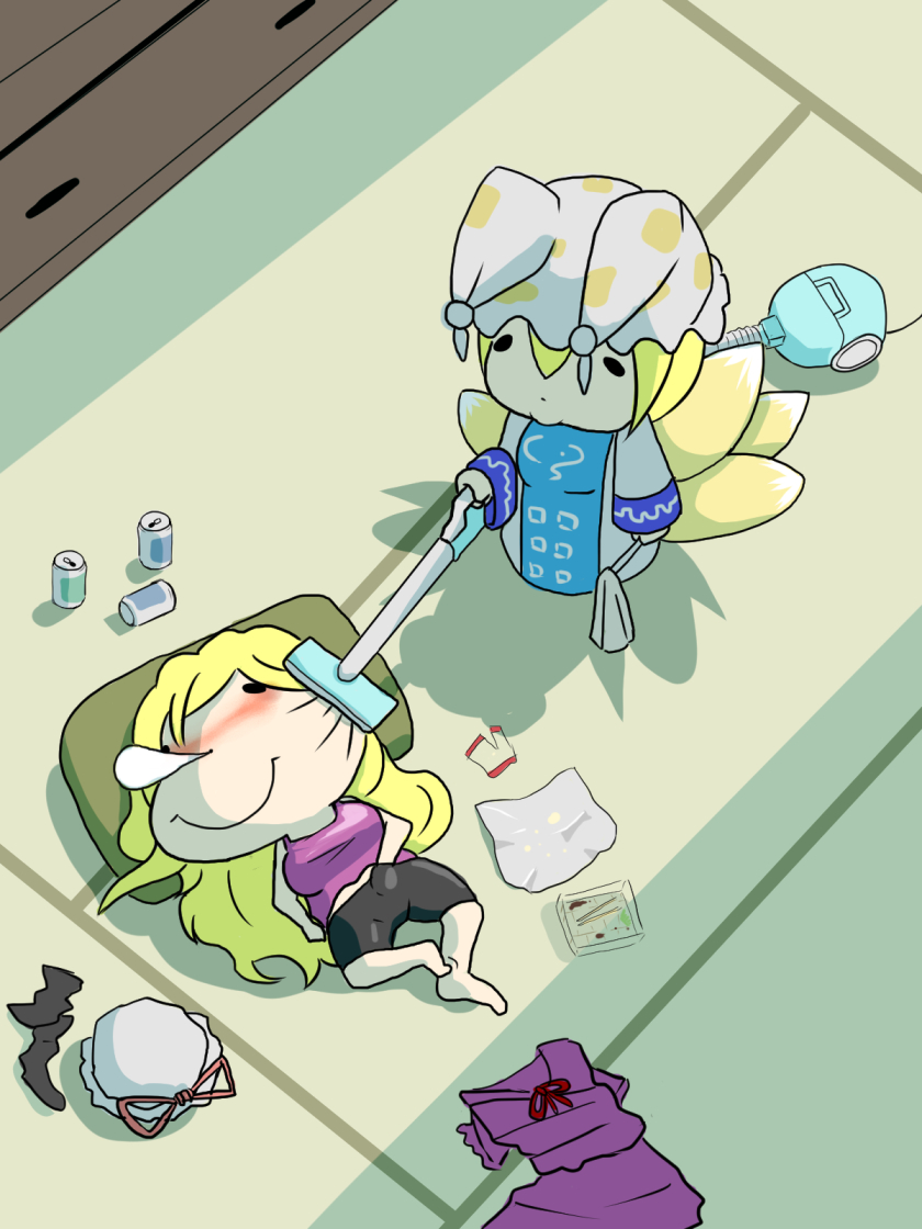 2girls, alternate_costume, casual, hand_in_shorts, multiple_girls, okahi, touhou, vacuum_cleaner