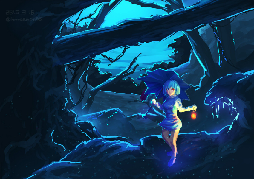 1girl, blue_eyes, blue_skirt, dark, dated, forest, heterochromia, horaemon03