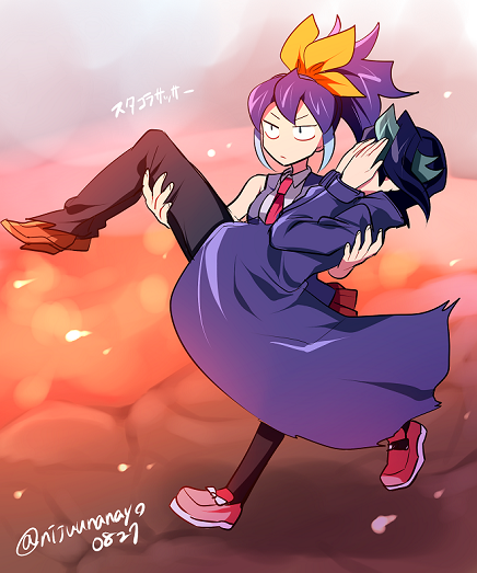 1boy, 1girl, blue_hair, bow, carrying, coat, covering_face, hair_bow