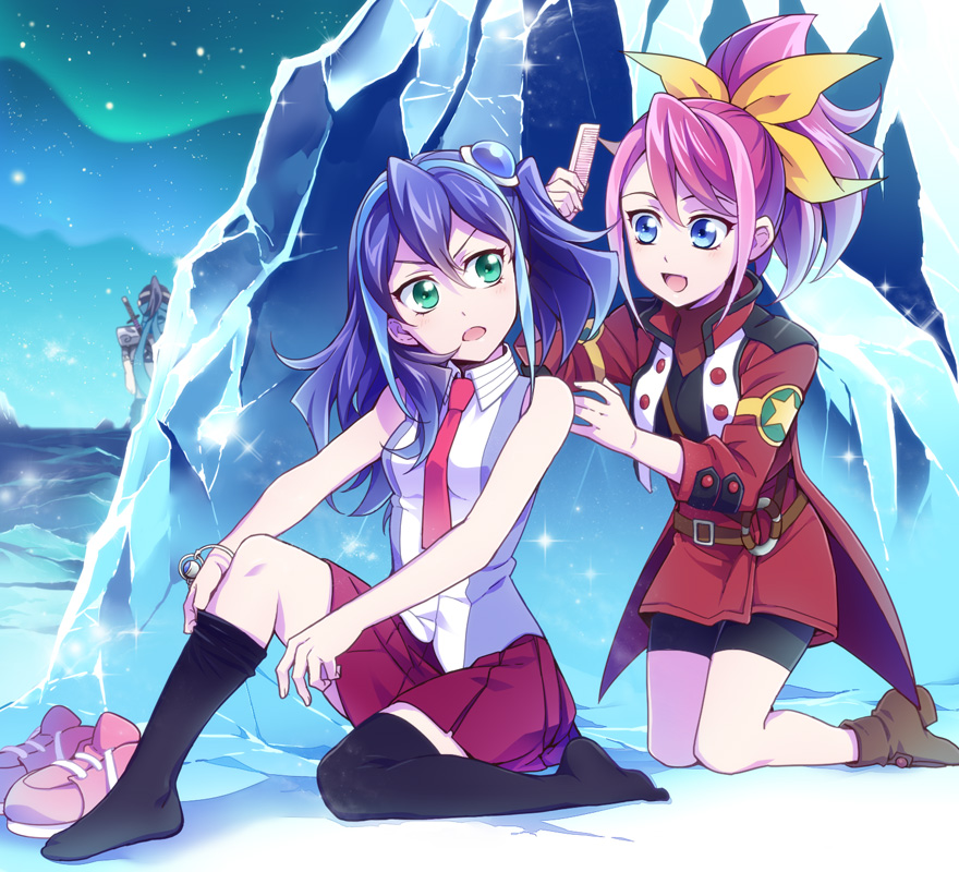 1boy, 2girls, alternate_hairstyle, belt, bike_shorts, blue_eyes, blue_hair, bow