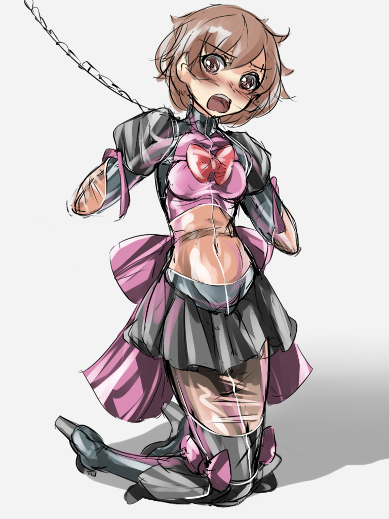 bdsm, bodysuit, bondage, brown_eyes, brown_hair, chain, fumi11gou, latex