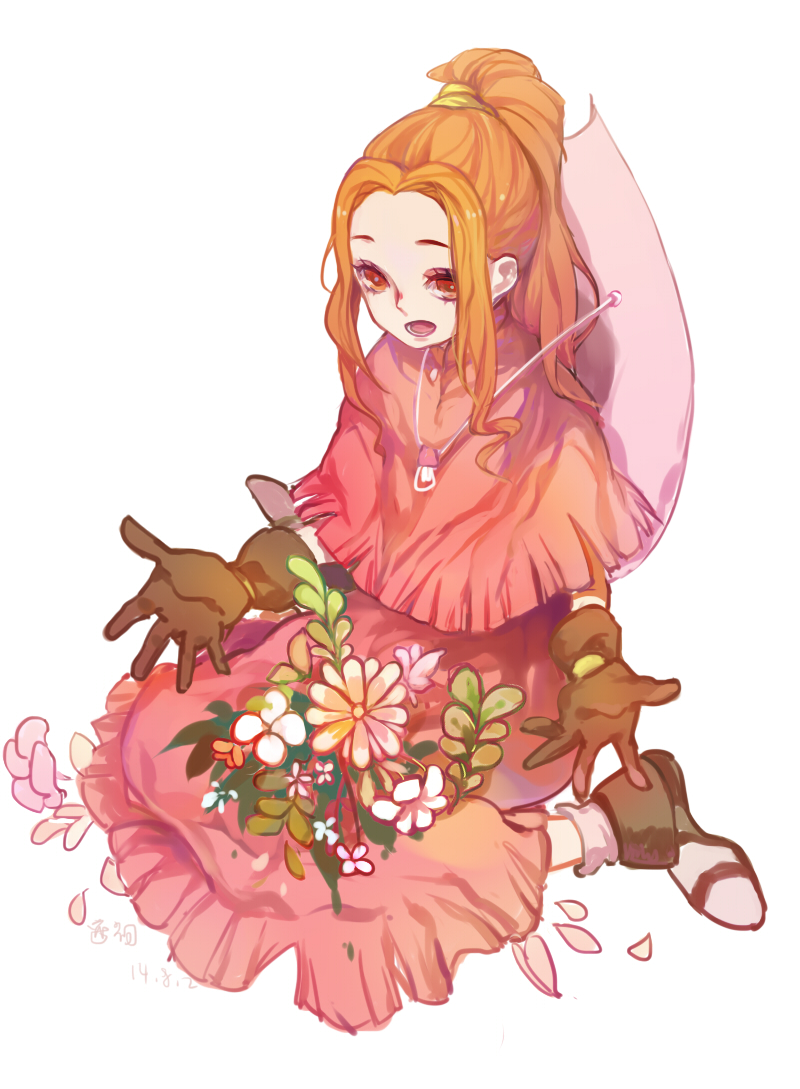 1girl, brown_hair, digimon, digimon_adventure, dress, flower, gloves, hat