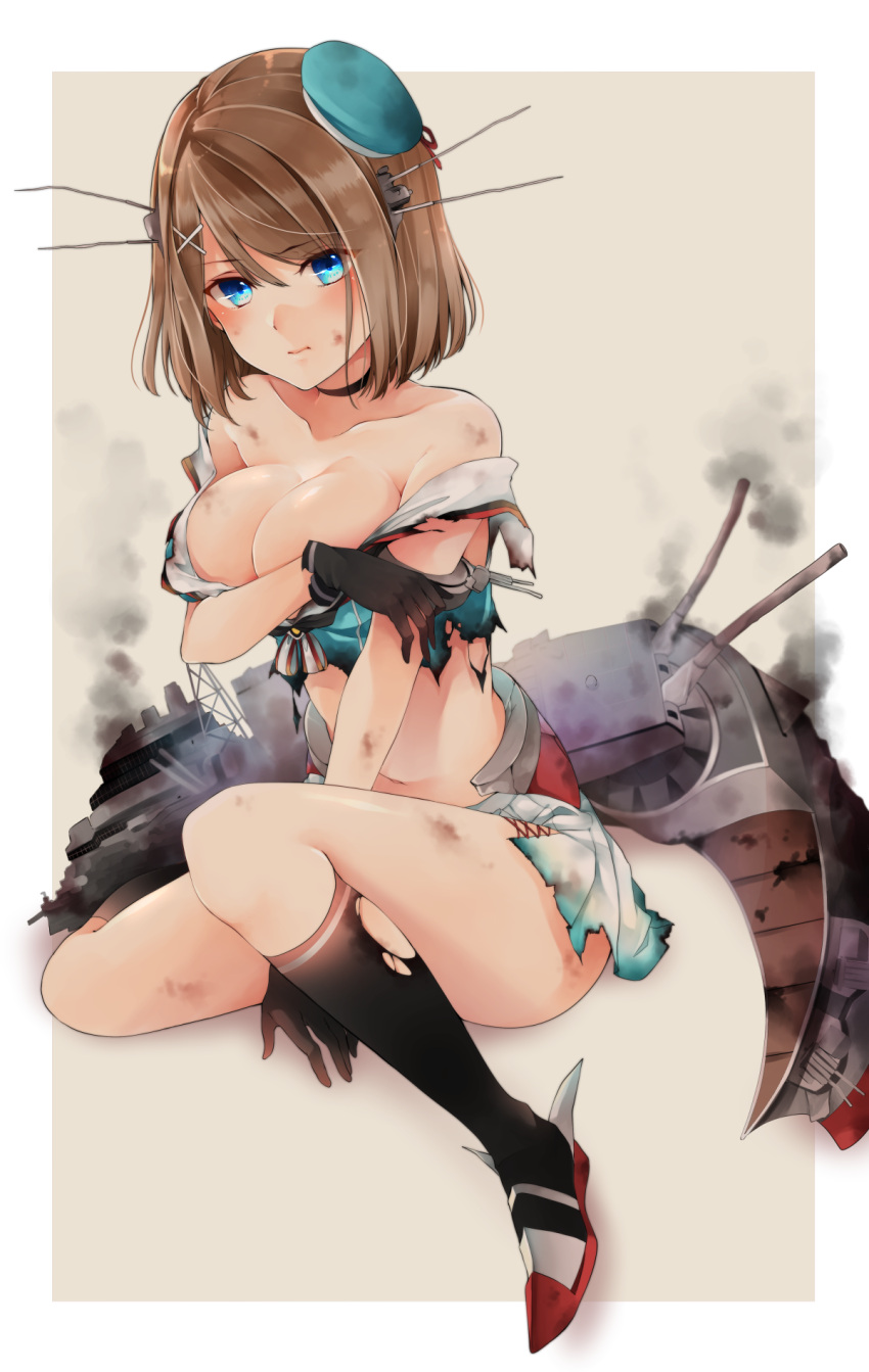 1girl, akit_(15jamjam), bare_shoulders, beret, black_legwear, blue_eyes, breast_hold, breasts, brown_eyes, brown_hair, burnt_clothes, choker, cleavage, crop_top, damaged, hat, headgear, highres, kantai_collection, kneehighs, machinery, maya_(kantai_collection), midriff, mini_hat, off_shoulder, remodel_(kantai_collection), sailor_collar, short_hair, skirt, solo, torn_clothes, torn_kneehighs, torn_skirt