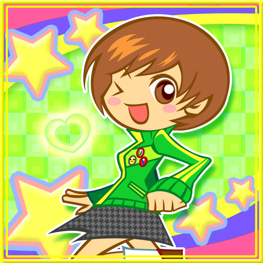 brown_eyes, chibi, chinchikooru_(pixiv), highres, jacket, persona, persona_4, satonaka_chie, short_hair, skirt, tomboy, wink