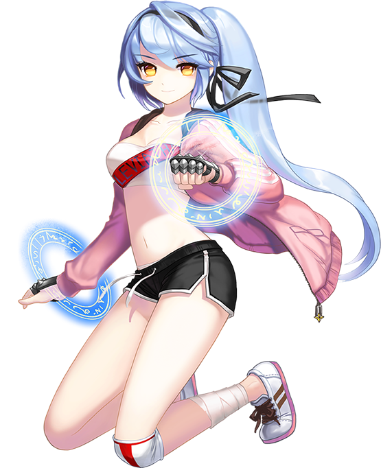 1girl, artist_request, bandages, black_gloves, blue_hair, breasts, cleavage, fingerless_gloves