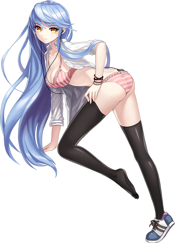 1girl, arm_support, bangs, bent_over, black_legwear, blue_hair, bra, bracelet