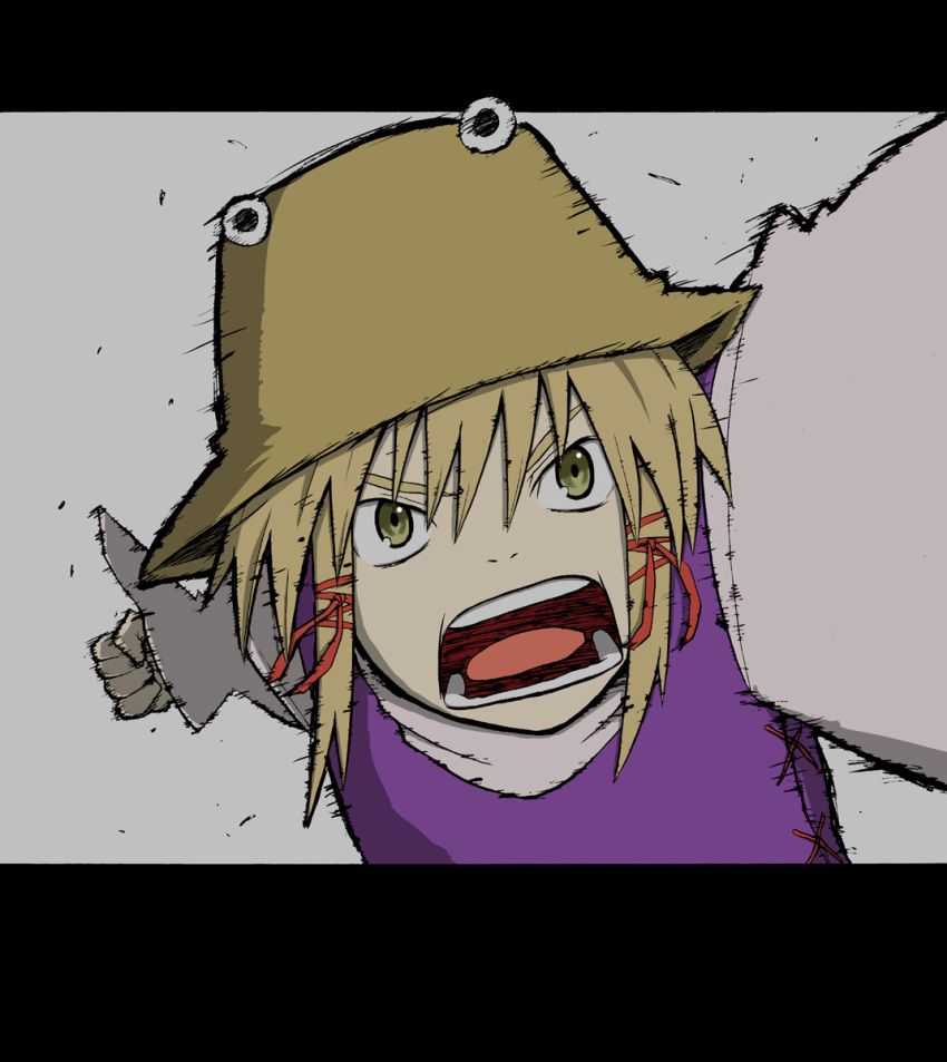 angry, blonde_hair, hat, highres, karu_(ishiken), karu_(pixiv520294), moriya_suwako, nib_pen