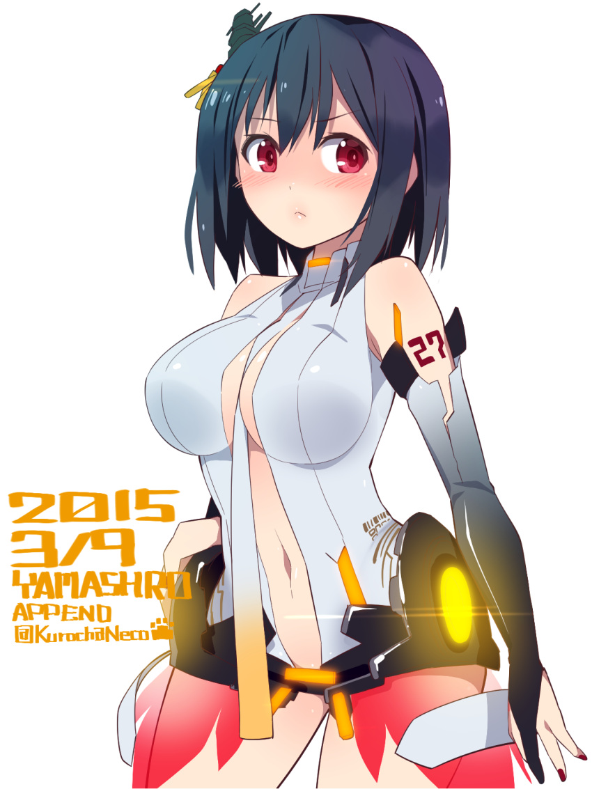 1girl, bare_shoulders, black_hair, blush, bridal_gauntlets, dated, elbow_gloves, fujita_saki