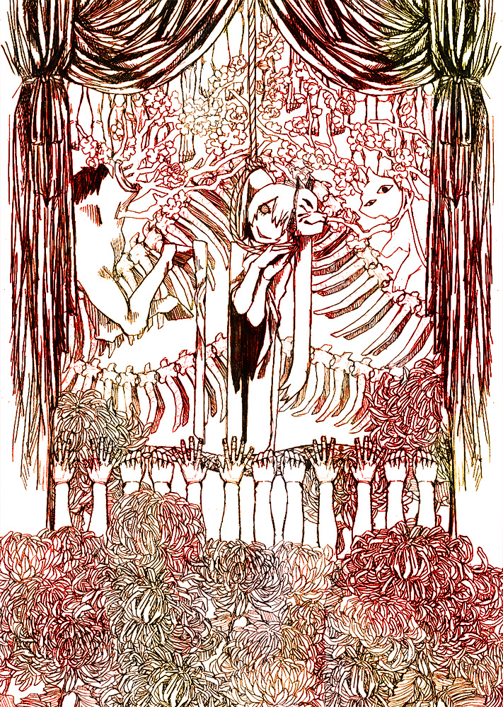 cherry_blossoms, chrysanthemum, creepy, curtains, flower, fox_mask, gradient, green_hair
