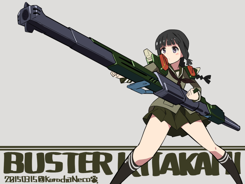 1girl, bangs, black_hair, blunt_bangs, blush, braid, buster_gundam, buster_rifle