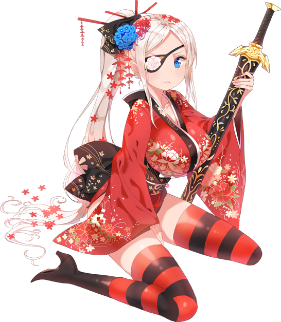 1girl, bangs, blue_eyes, boots, breasts, eyepatch, floral_print, flower, full_body, hair_flower, hair_ornament, hair_stick, high_heel_boots, high_heels, huge_breasts, japanese_clothes, kimono, large_breasts, long_hair, looking_at_viewer, obi, parted_bangs, ponytail, sash, short_kimono, sitting, solo, striped, striped_legwear, sword, thigh-highs, transparent_background, unleashed, very_long_hair, weapon, white_hair, wide_sleeves, yonggi