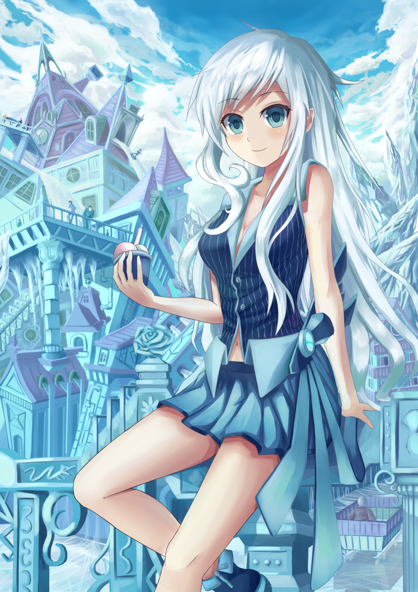 absurdres, blue_eyes, breasts, cchhii3, cleavage, clouds, highres, icicle