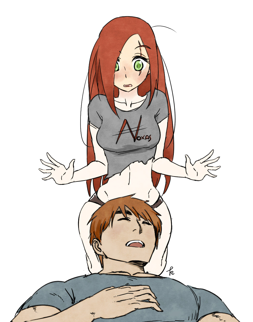 1boy, 1girl, black_panties, blush, brown_hair, catnap_knight_kureto, garen_crownguard, green_eyes, highres, katarina_du_couteau, lap_pillow, league_of_legends, long_hair, midriff, navel, open_mouth, panties, redhead, scar, scar_across_eye, sleeping, torn_clothes, torn_shirt, underwear