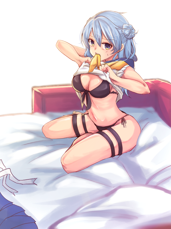 1girl, b-a-pple, bikini, blue_eyes, blue_hair, double_bun, kantai_collection, shirt_lift