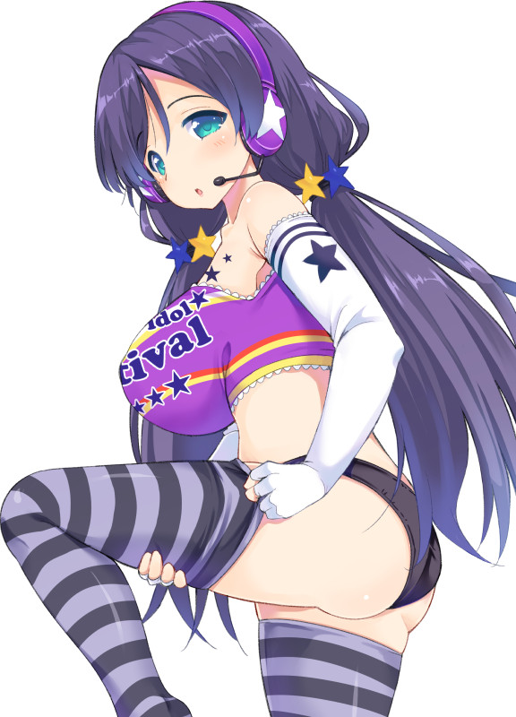 1girl, bare_shoulders, black_panties, breasts, cheerleader, elbow_gloves, gloves, headset