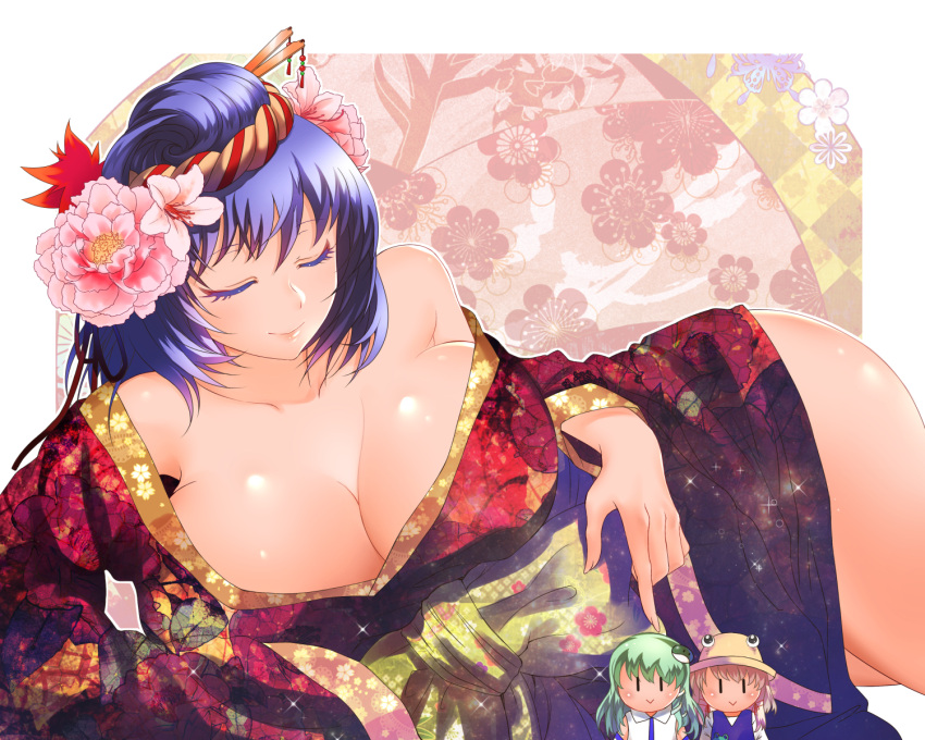 3girls, =>, alternate_costume, alternate_hairstyle, blonde_hair, breasts, cleavage, closed_eyes