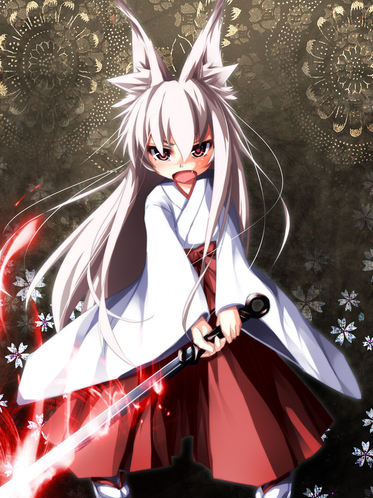 1girl, animal_ears, d:<, fang, fighting_stance, fire, flaming_sword, fox_ears