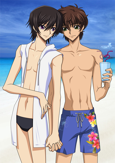2boys, aruxion, beach, code_geass, drink, heart_straw, holding_hands, hoodie, kururugi_suzaku, lelouch_lamperouge, male_focus, multiple_boys, no_nipples, shirtless, sleeveless, sleeveless_hoodie, smile, straw, swim_briefs, swim_trunks, yaoi