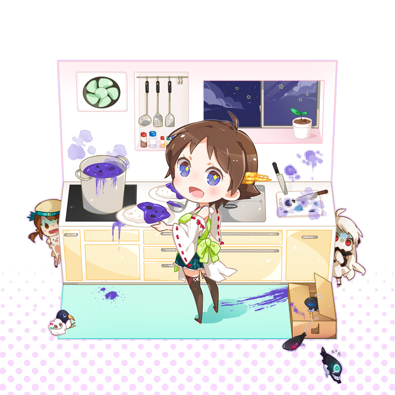 blue_eyes, box, brown_hair, cardboard_box, curry, failure_penguin, fairy_(kantai_collection), food