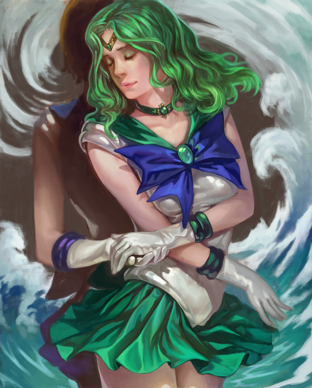 2girls, bishoujo_senshi_sailor_moon, choker, closed_eyes, gloves, green_hair, hand_holding, jewelry