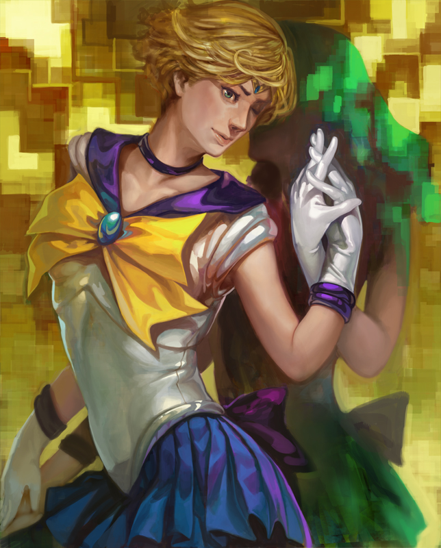 bishoujo_senshi_sailor_moon, blonde_hair, bow, choker, gloves, green_eyes, hand_holding, holding_hands