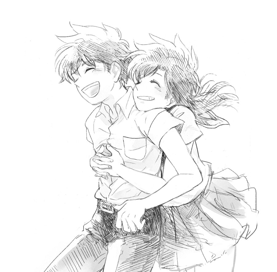 1boy, 1girl, ajikazu, couple, grin, hetero, hug, hug_from_behind