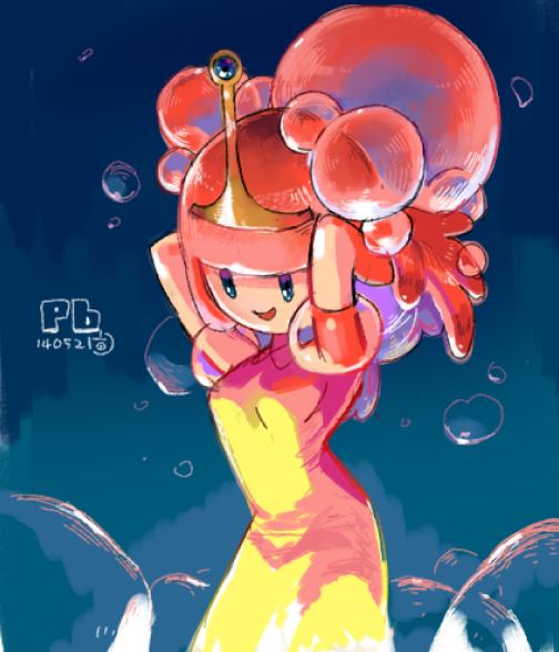 1girl, adventure_time, blue_eyes, dress, eun_dari, hands_in_hair, long_hair, pink_hair, pink_skin, princess_bonnibel_bubblegum, solo, tiara