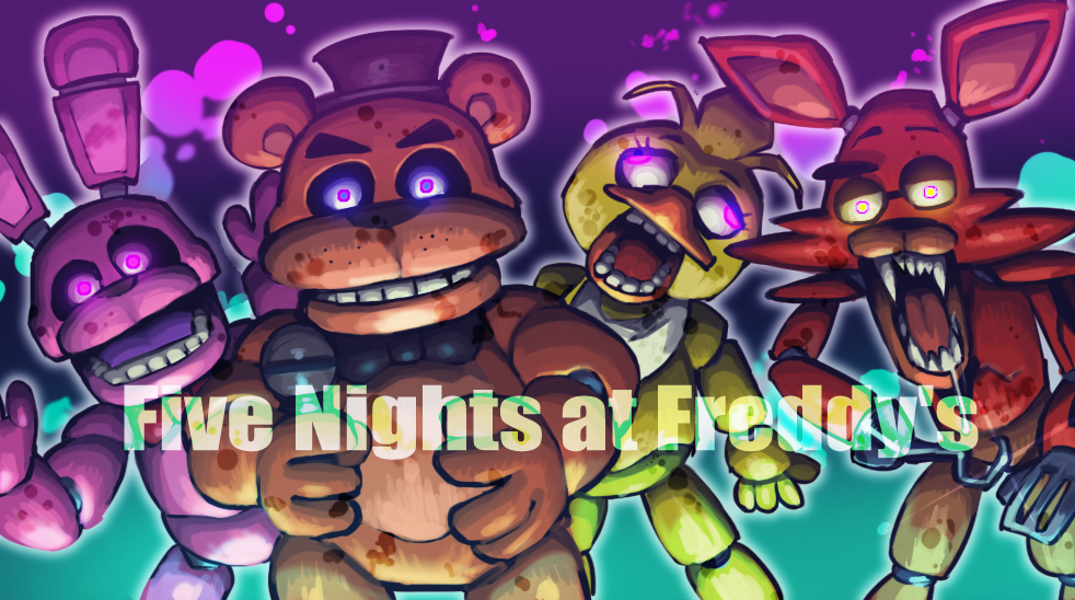 bonnie_(fnaf), chica, copyright_name, five_nights_at_freddy's, foxy_(fnaf), freddy_fazbear, glowing, glowing_eyes