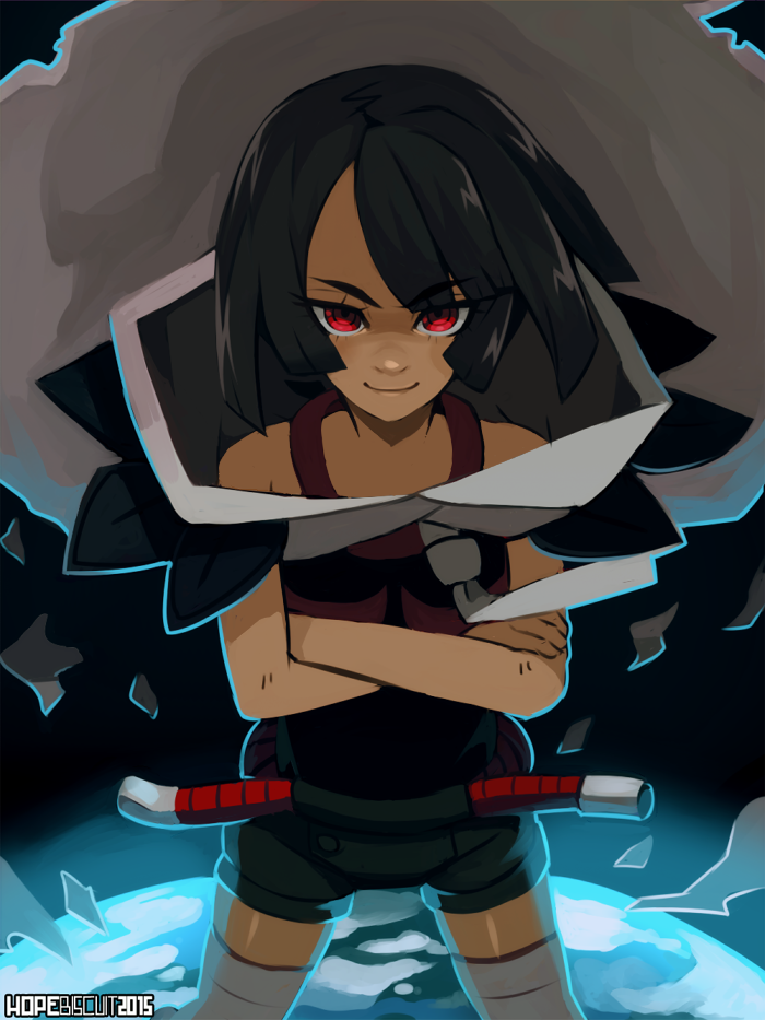 1girl, bare_shoulders, black_hair, blue_(hopebiscuit), cloak, gunbuster_pose, higana_(pokemon), high_collar