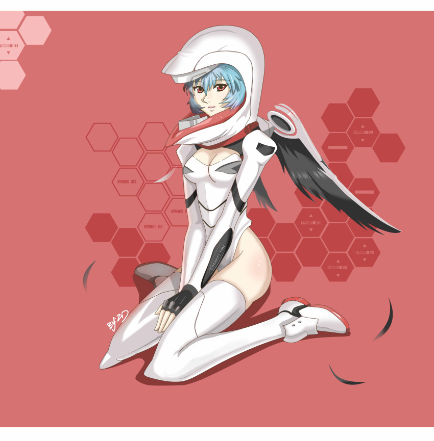 1girl, absurdres, adapted_costume, ayanami_rei, black_wings, blue_hair, boots, breasts