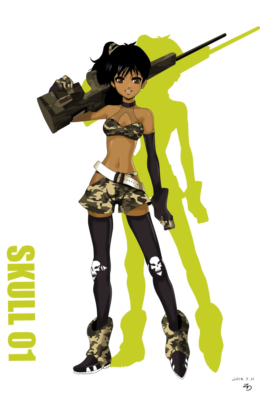 1girl, absurdres, ankle_boots, belt, black_hair, boots, breasts, brown_eyes, camouflage, cleavage, dark_skin, elbow_gloves, fingerless_gloves, gloves, gun, halter_top, halterneck, highres, knee_pads, long_hair, midriff, navel, original, over_shoulder, rifle, scrunchie, shorts, side_ponytail, skull, smile, sniper_rifle, solo, steamed_egg, thigh-highs, very_dark_skin, weapon, weapon_over_shoulder
