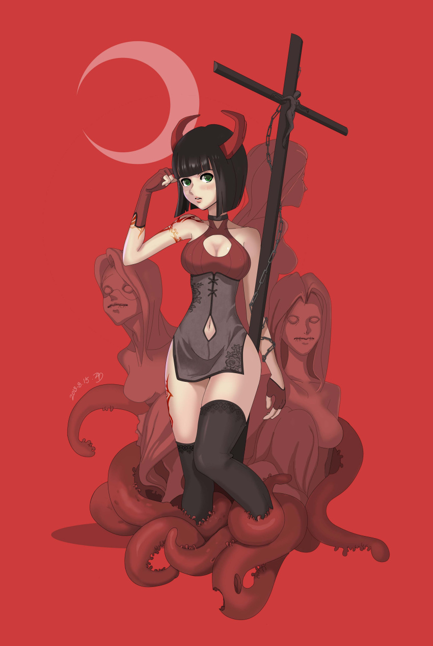 1girl, absurdres, bangs, bare_shoulders, black_hair, black_legwear, blunt_bangs, breasts