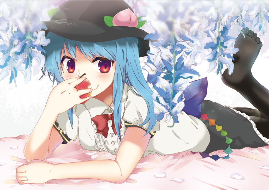 1girl, apple, black_legwear, blue_hair, blush, covering_mouth, flower, food