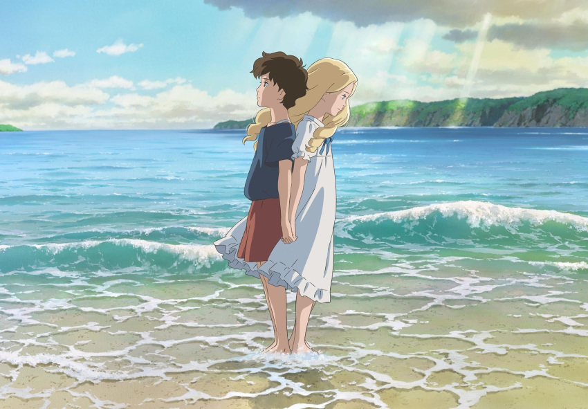 2girls, anna_(omoide_no_marnie), blonde_hair, brown_hair, dress, highres, long_hair, marnie