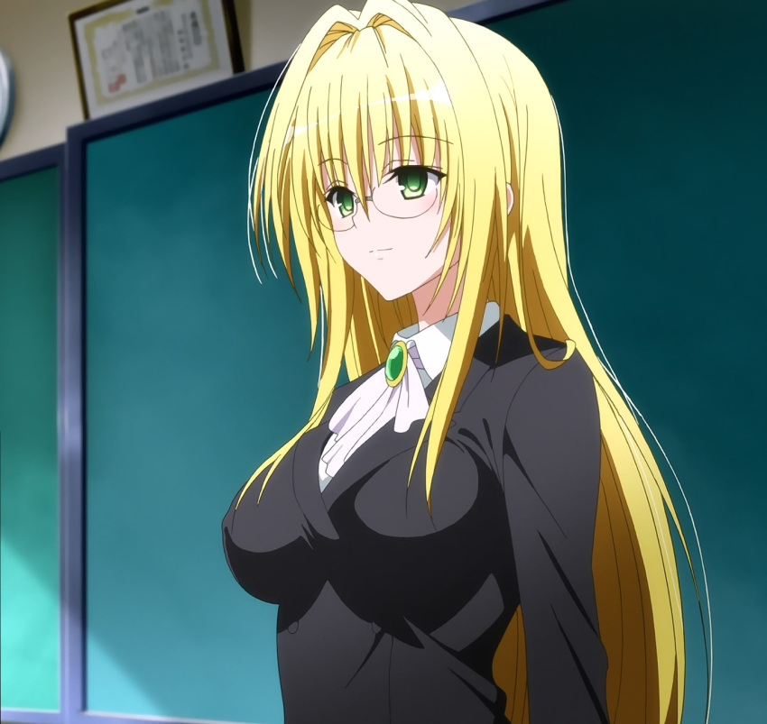 1girl, blonde_hair, chalkboard, glasses, green_eyes, highres, long_hair, screencap