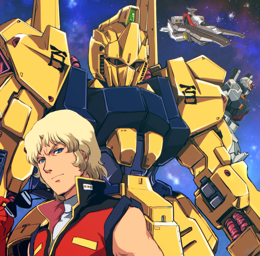 1boy, argama, blonde_hair, blue_eyes, gundam, gundam_mk_ii, quattro_vageena, short_hair, sleeveless, sunglasses, sunglasses_removed, yuya, zeta_gundam