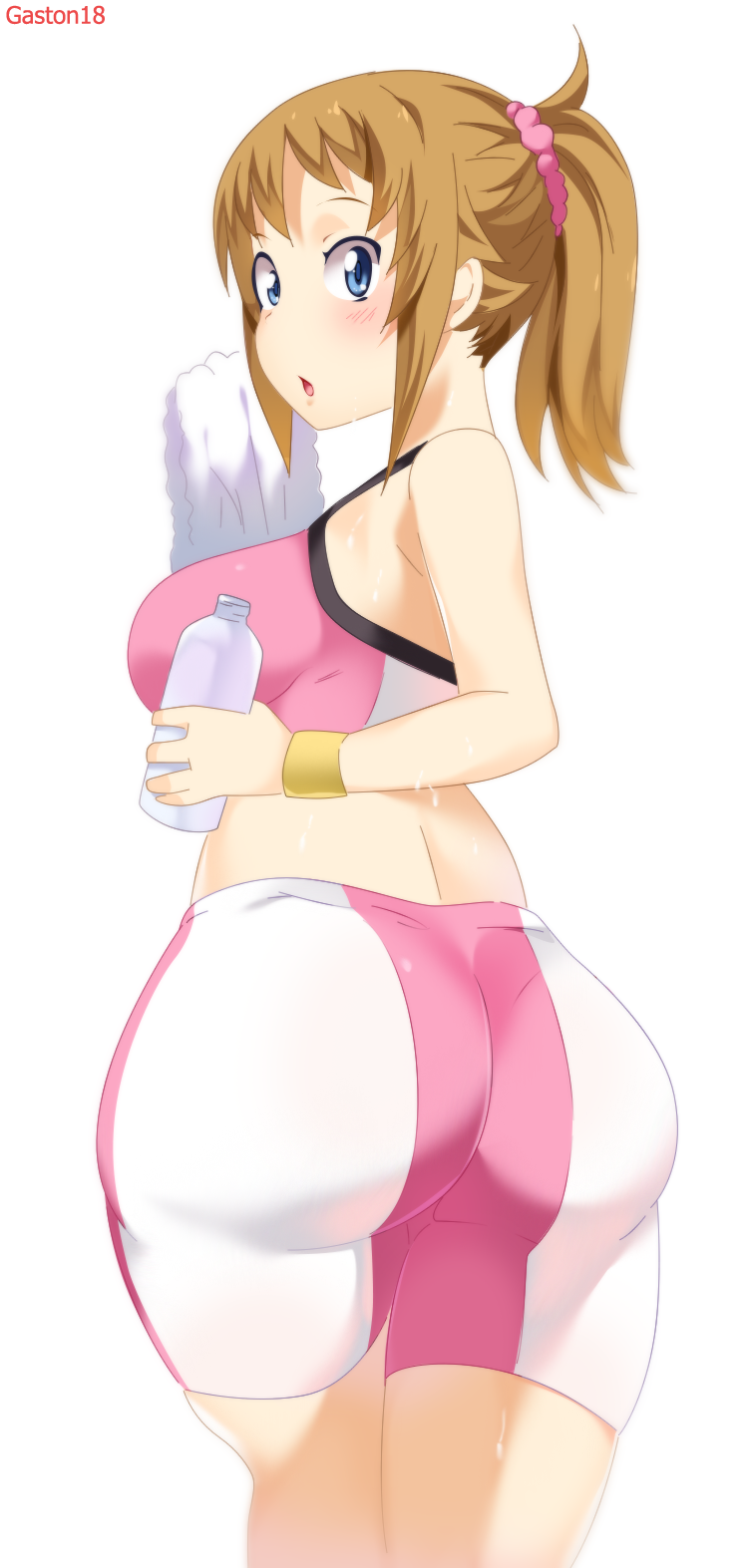 :o, ass, blue_eyes, bottle, breasts, brown_hair, gaston18, gundam