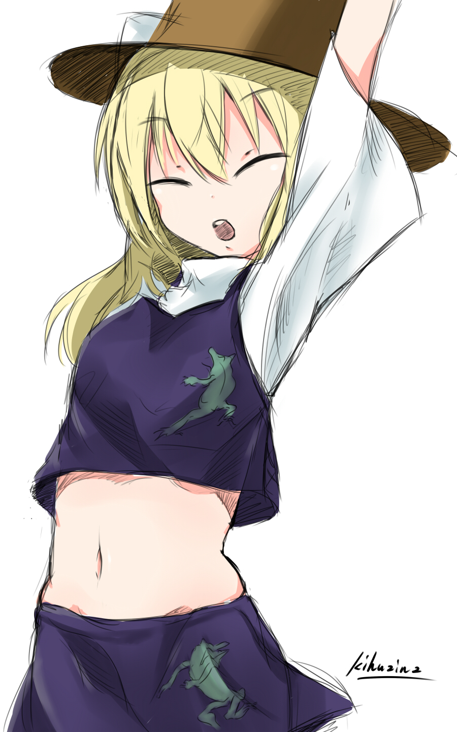 1girl, artist_name, blonde_hair, closed_eyes, cowboy_shot, frog_print, hat, highres