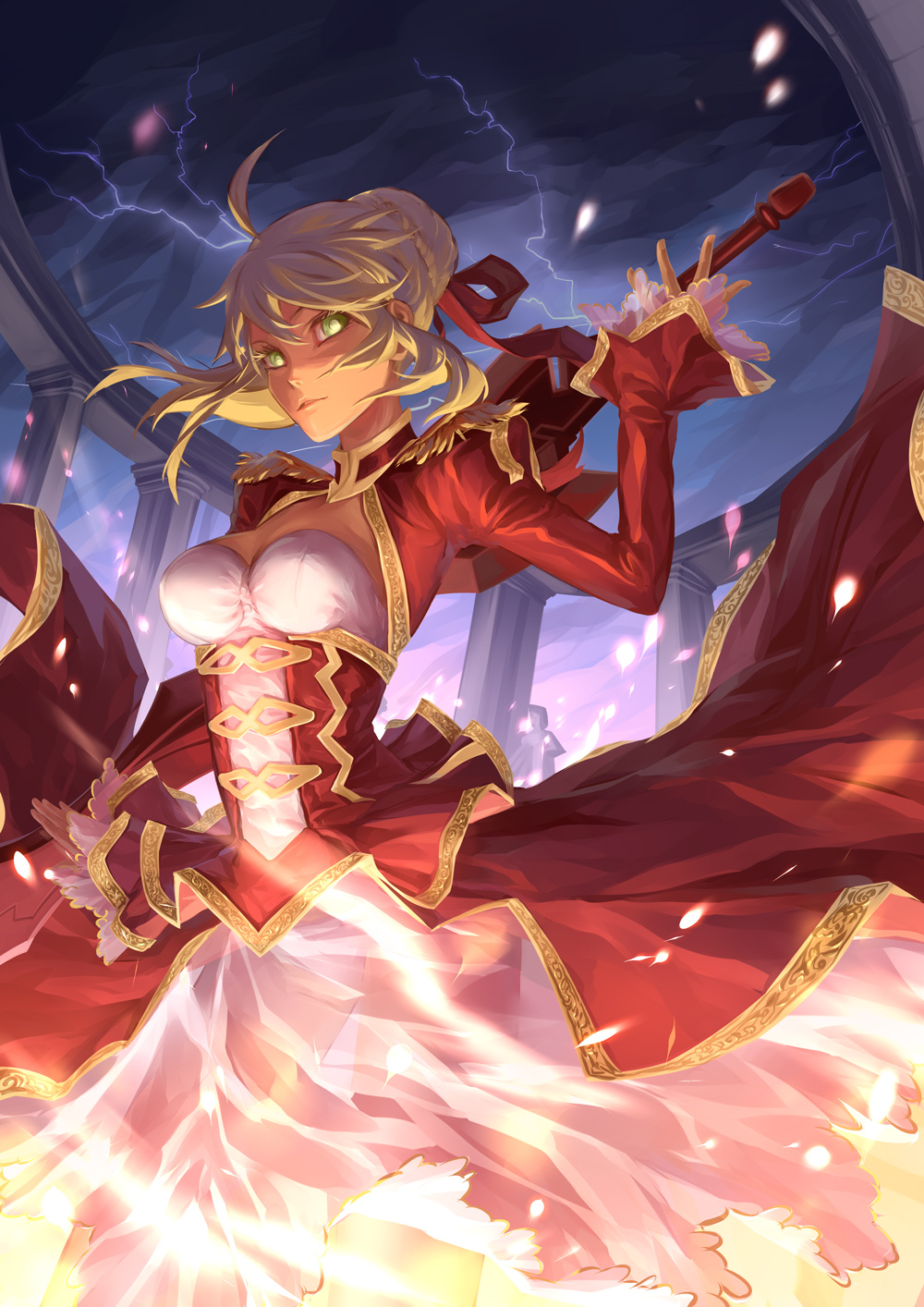 1girl, blonde_hair, breasts, clouds, cloudy_sky, dress, fate/stay_night, fate_(series)