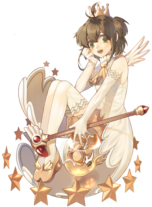 bare_shoulders, brown_hair, cardcaptor_sakura, cats_brain, crown, dress, elbow_gloves, gloves
