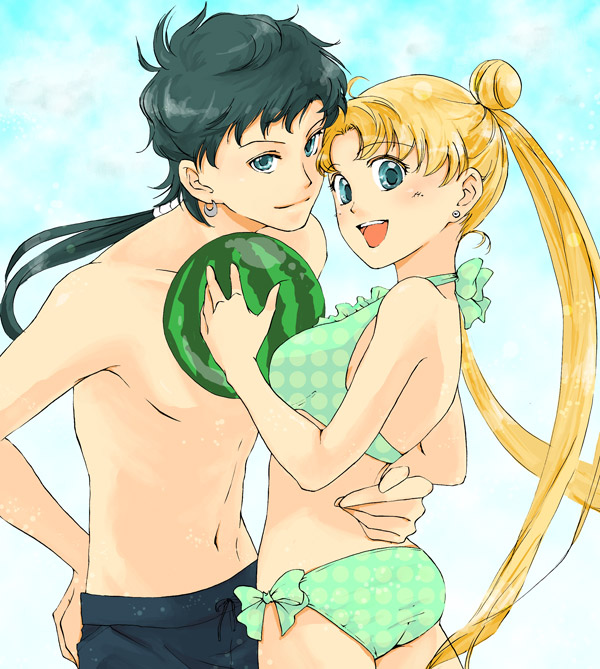 bad_id, bikini, bishoujo_senshi_sailor_moon, black_hair, blonde_hair, blue_eyes, couple, double_bun, food, fruit, genderswap, long_hair, seiya_kou, short_hair, shorts, swimsuit, tsukino_usagi, violetcoral, watermelon