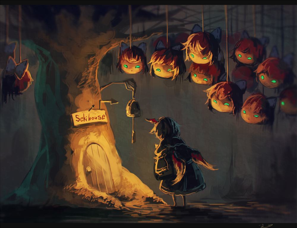 6+girls, bell, bird_wings, bow, darkness, disembodied_head, door, forest, glowing, glowing_eyes, green_eyes, hair_bow, hanging_from_tree, head_wings, inari_(flandoll-scarlet-devil), multiple_girls, nature, redhead, sekibanki, sign, tokiko_(touhou), touhou