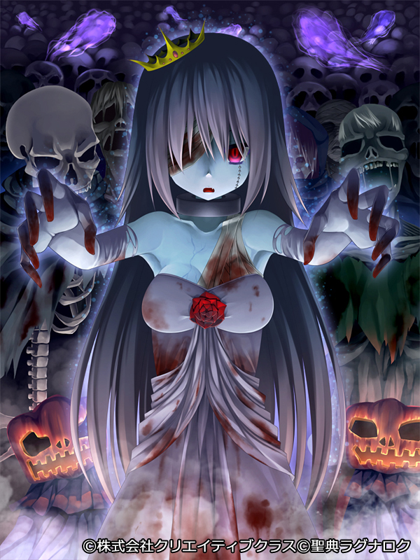 1girl, bandage_over_one_eye, elbow_gloves, gloves, grey_hair, jack-o'-lantern, long_hair, pochadon