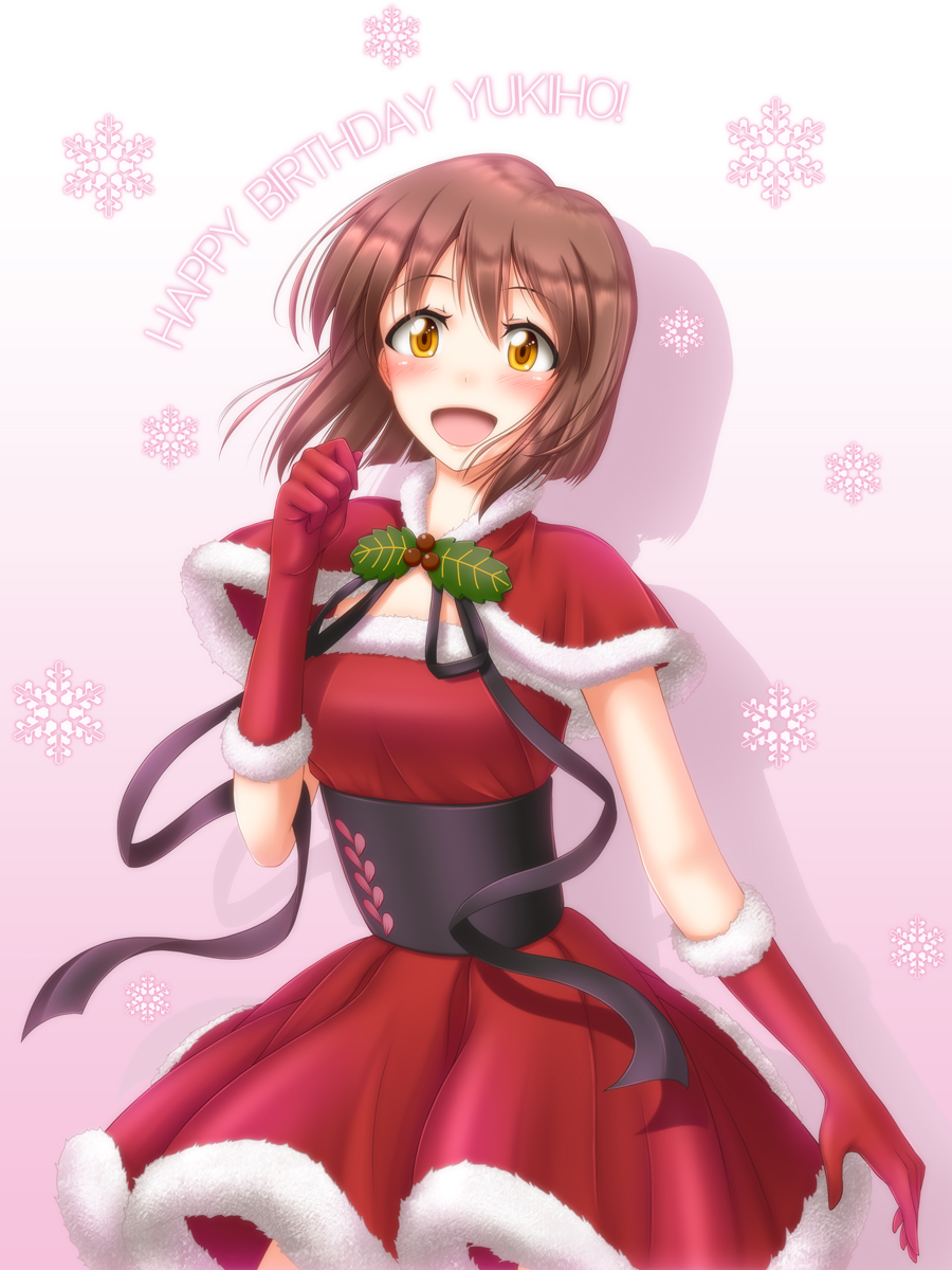 1girl, brown_hair, christmas, gloves, hagiwara_yukiho, highres, holly, idolmaster