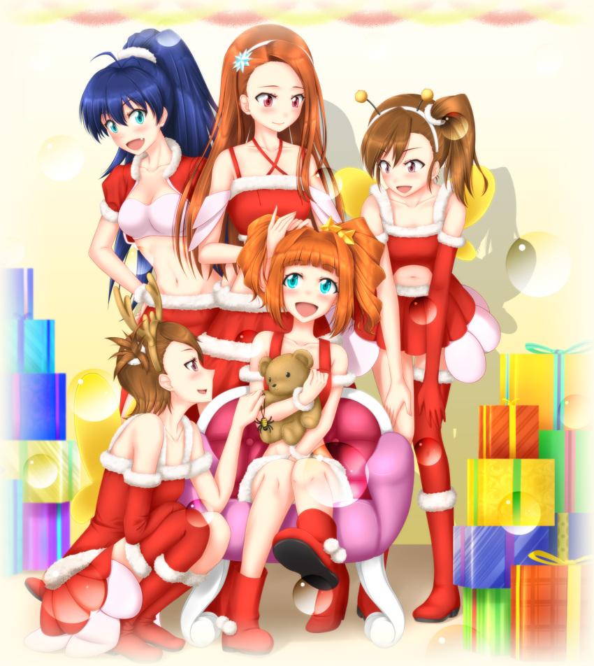 5girls, adjusting_hair, antenna_hair, aqua_eyes, blue_hair, boots, box, brown_hair