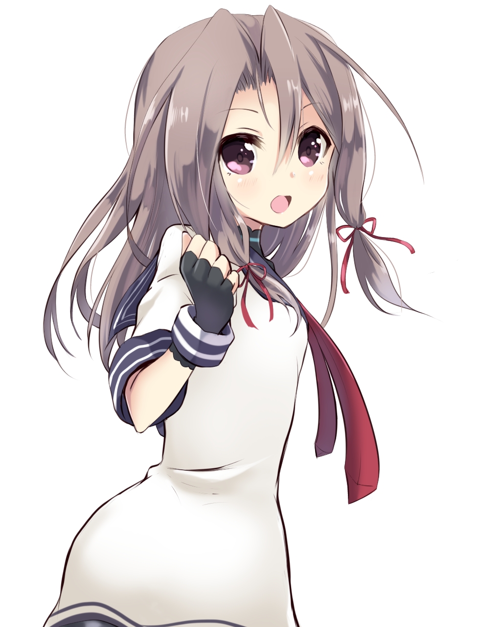 1girl, :d, alternate_costume, alternate_hairstyle, amano_kouki, black_gloves, brown_hair, clenched_hand, cosplay, fingerless_gloves, gloves, hair_ribbon, highres, kantai_collection, long_hair, looking_at_viewer, murakumo_(kantai_collection), murakumo_(kantai_collection)_(cosplay), neckerchief, open_mouth, payot, ribbon, sailor_collar, sailor_dress, simple_background, smile, solo, violet_eyes, white_background, zuihou_(kantai_collection)